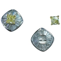 GIA Certified 18 Kw Gold Emerald Cut Fancy Yellow Diamond and Diamond Earrings