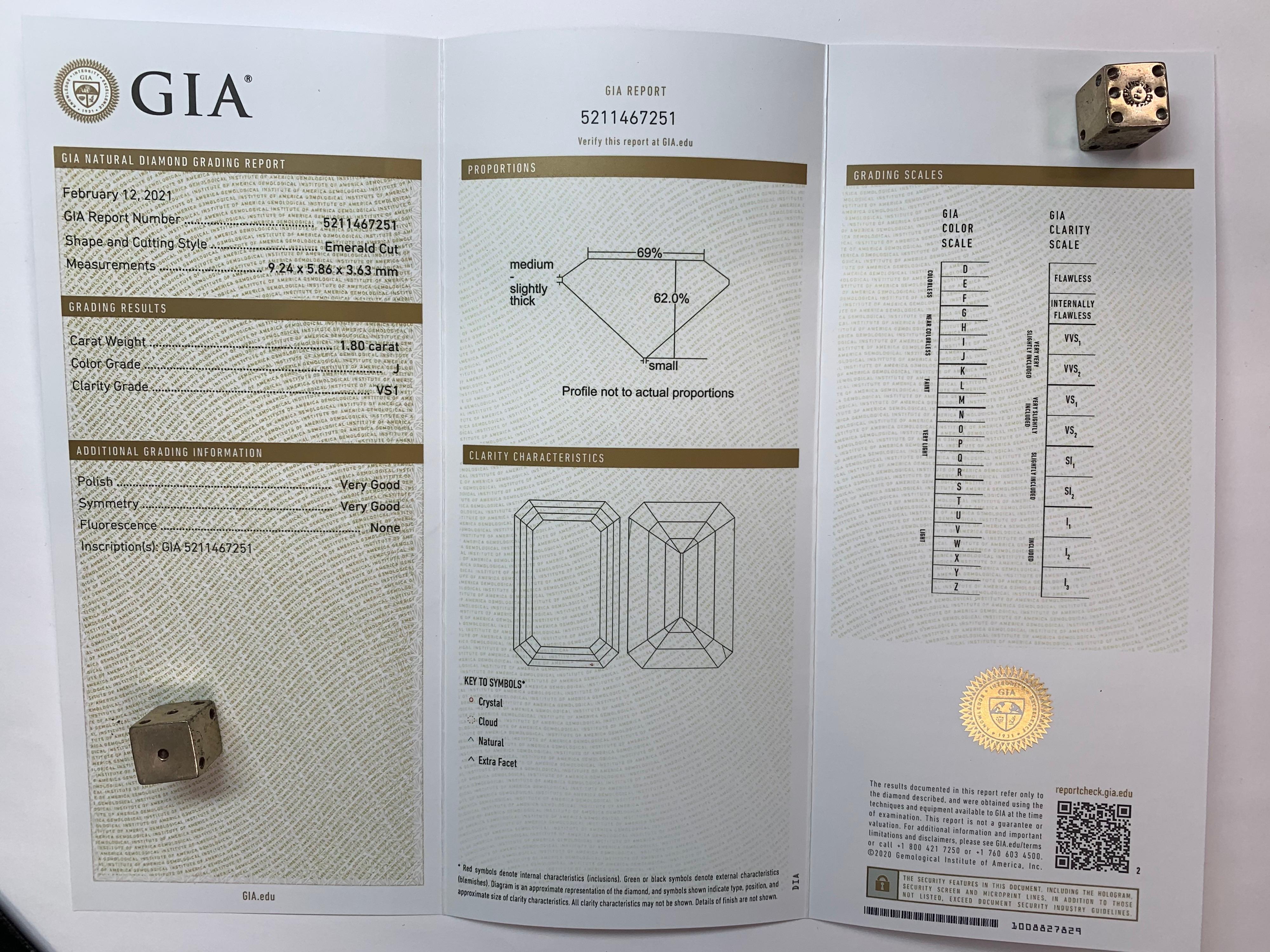 GIA Certified 1.80 Carat Emerald Cut J VS1 Platinum Engagement Ring, circa 1950 6