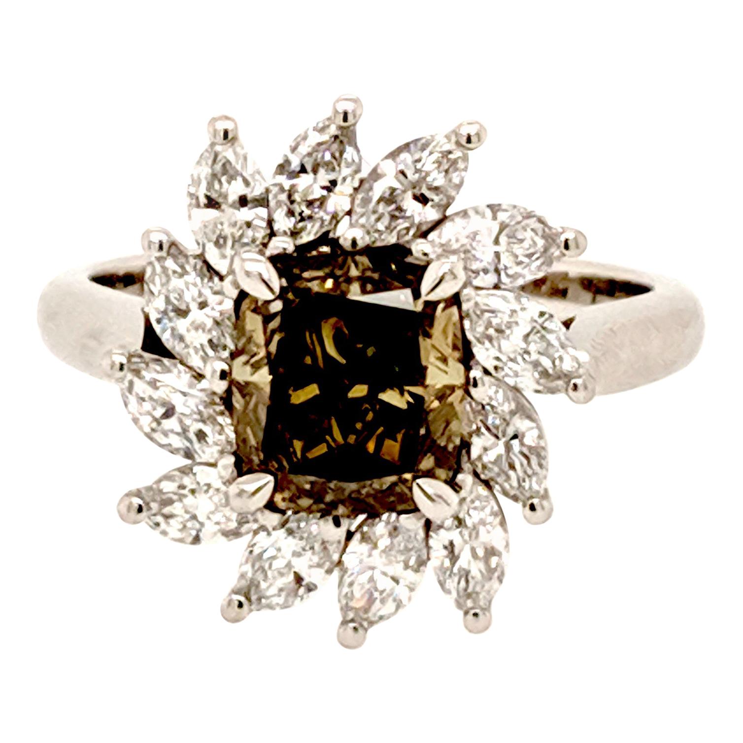 GIA Certified 1.80 Carat Fancy Dark Brown-Greenish Yellow Diamond Cocktail Ring