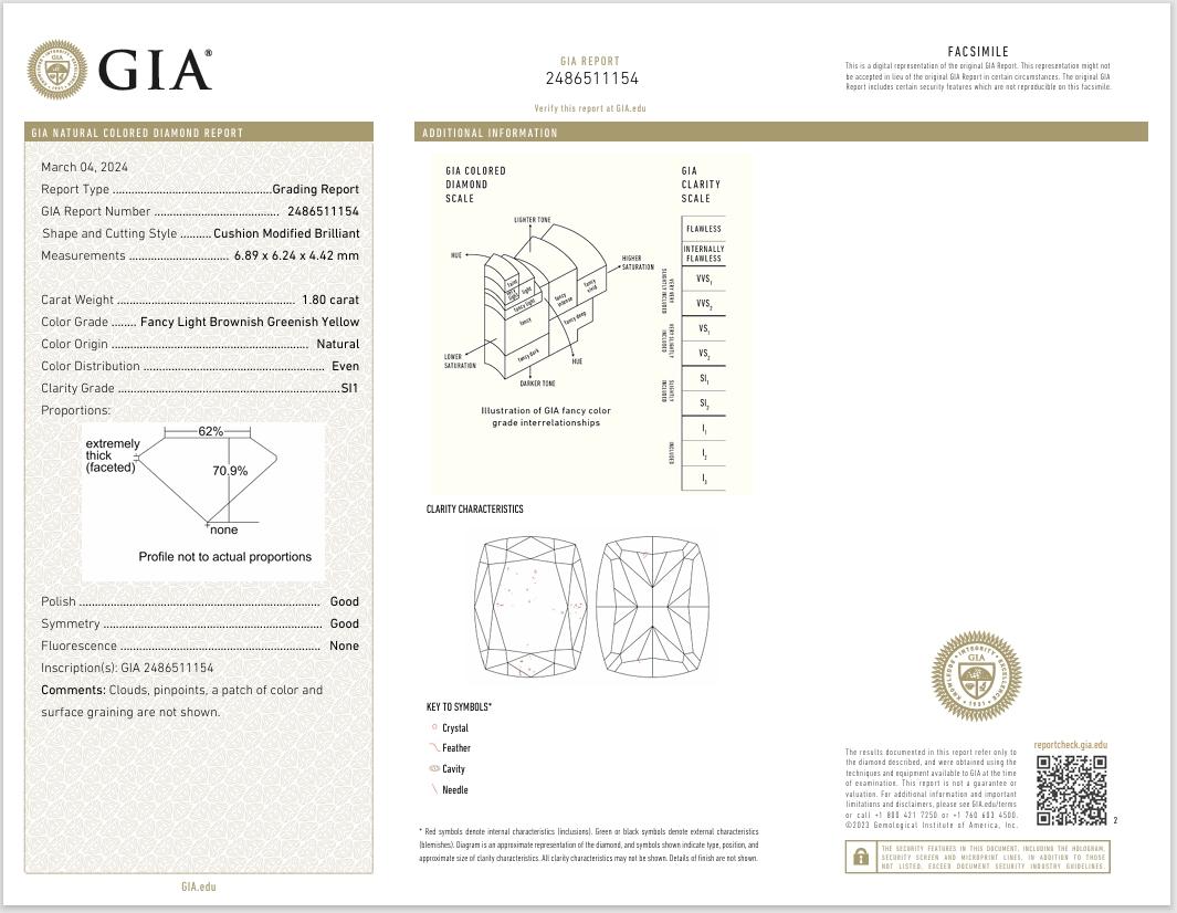 GIA Certified 1.80 Carat Fancy Light Brownish Grenish yellow SI1 Clarity Diamond For Sale 1