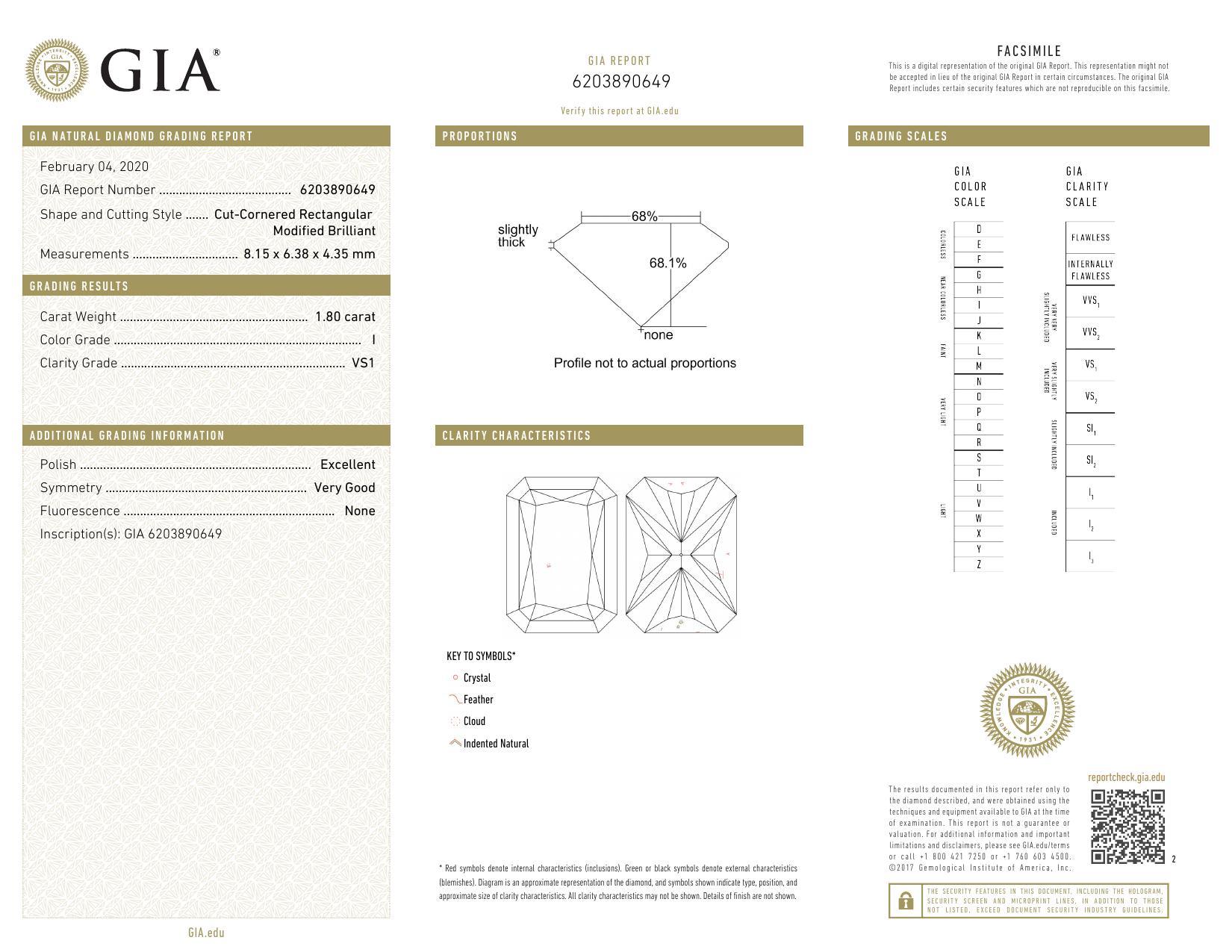 GIA Certified 1.80 Carat I VS1 Entwined Prong Cathedral Radiant Diamond Ring en vente 1