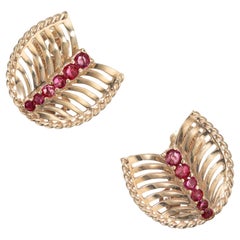 GIA Certified 1.80 Carat Natura Bright Red Ruby Lever Back Gold Fan Earrings 