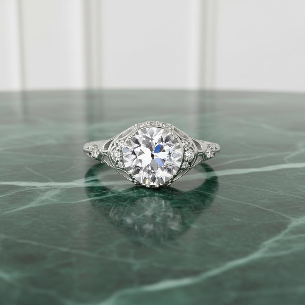 This exquisite vintage-style ring showcases a stunning 1.80-carat Old European cut diamond, GIA certified E color and SI2 clarity. Bright white and eye clean, the diamond radiates the timeless charm of the Art Deco era.

The center stone is