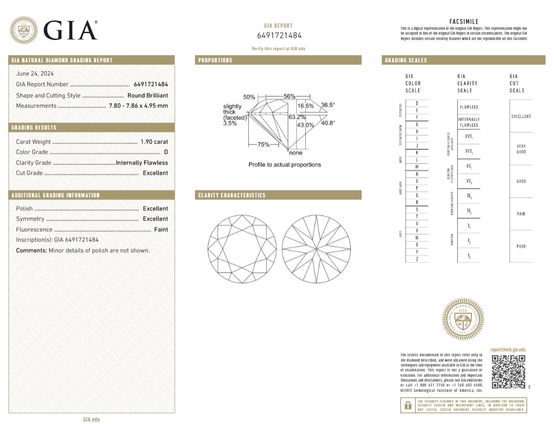 Round Cut GIA Certified 1.80 Carat Round Diamond Ring D Internally FLAWLESS For Sale