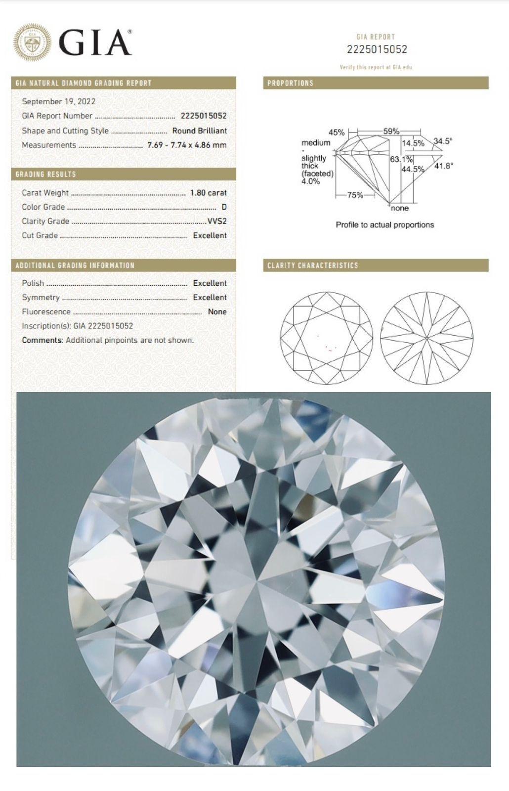 Round Cut GIA Certified 1.80 Carats Natural Diamond Triple XXX  For Sale