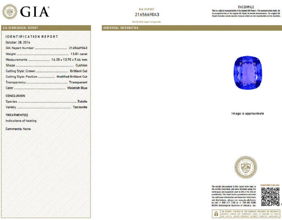 GIA Certified 18.09 Carat Natural Blue Cushion Tanzanite Sapphire Diamonds Ring 4