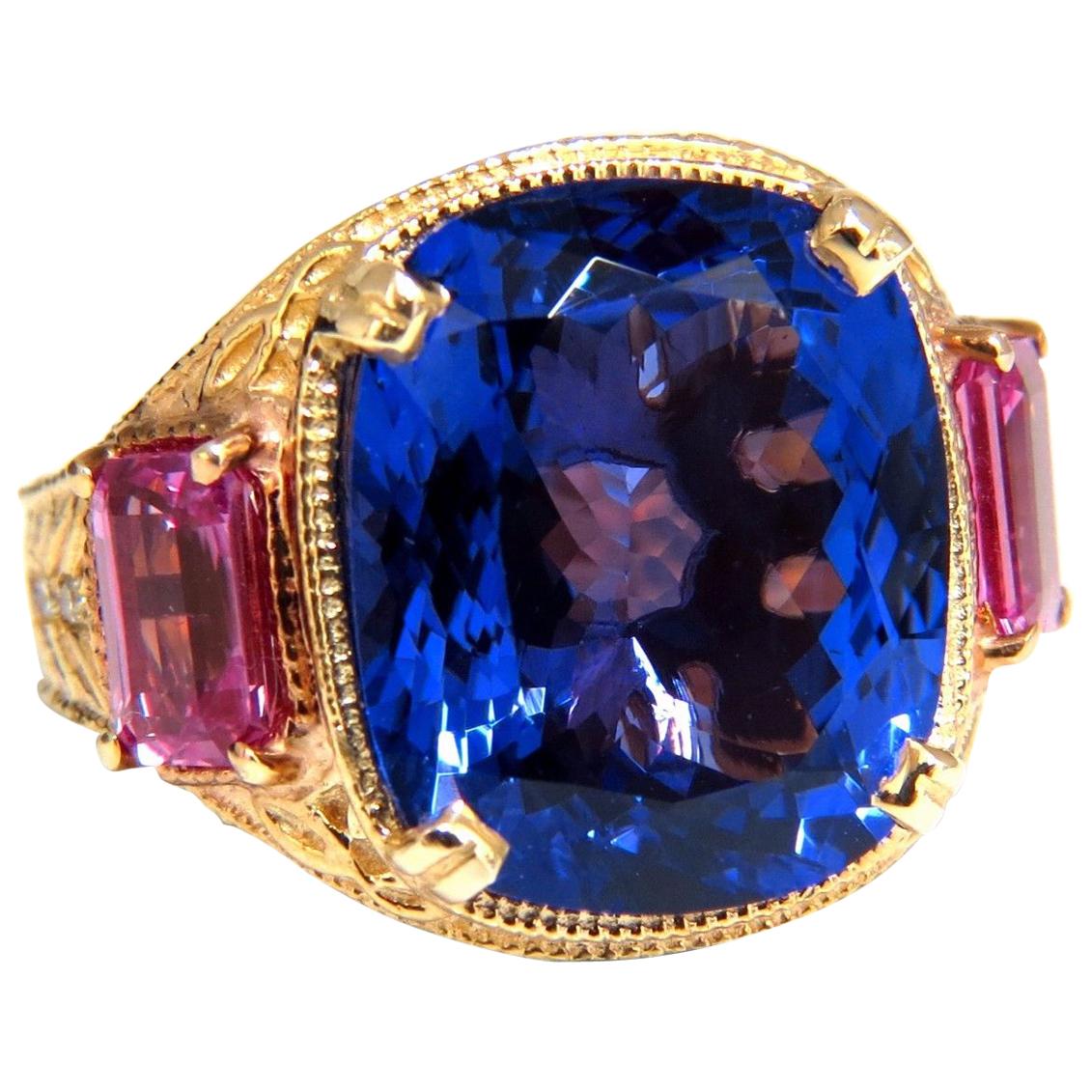 GIA Certified 18.09 Carat Natural Blue Cushion Tanzanite Sapphire Diamonds Ring