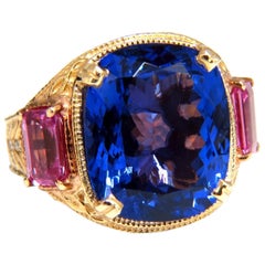 GIA Certified 18.09 Carat Natural Blue Cushion Tanzanite Sapphire Diamonds Ring