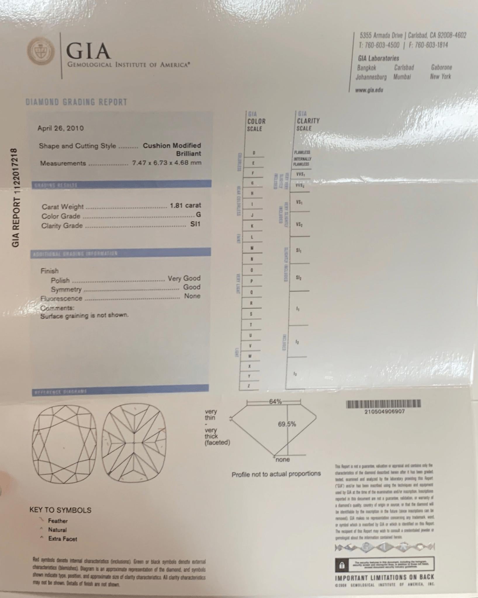 GIA Certified 1.81 Carat Diamond Platinum Engagement Ring For Sale 1