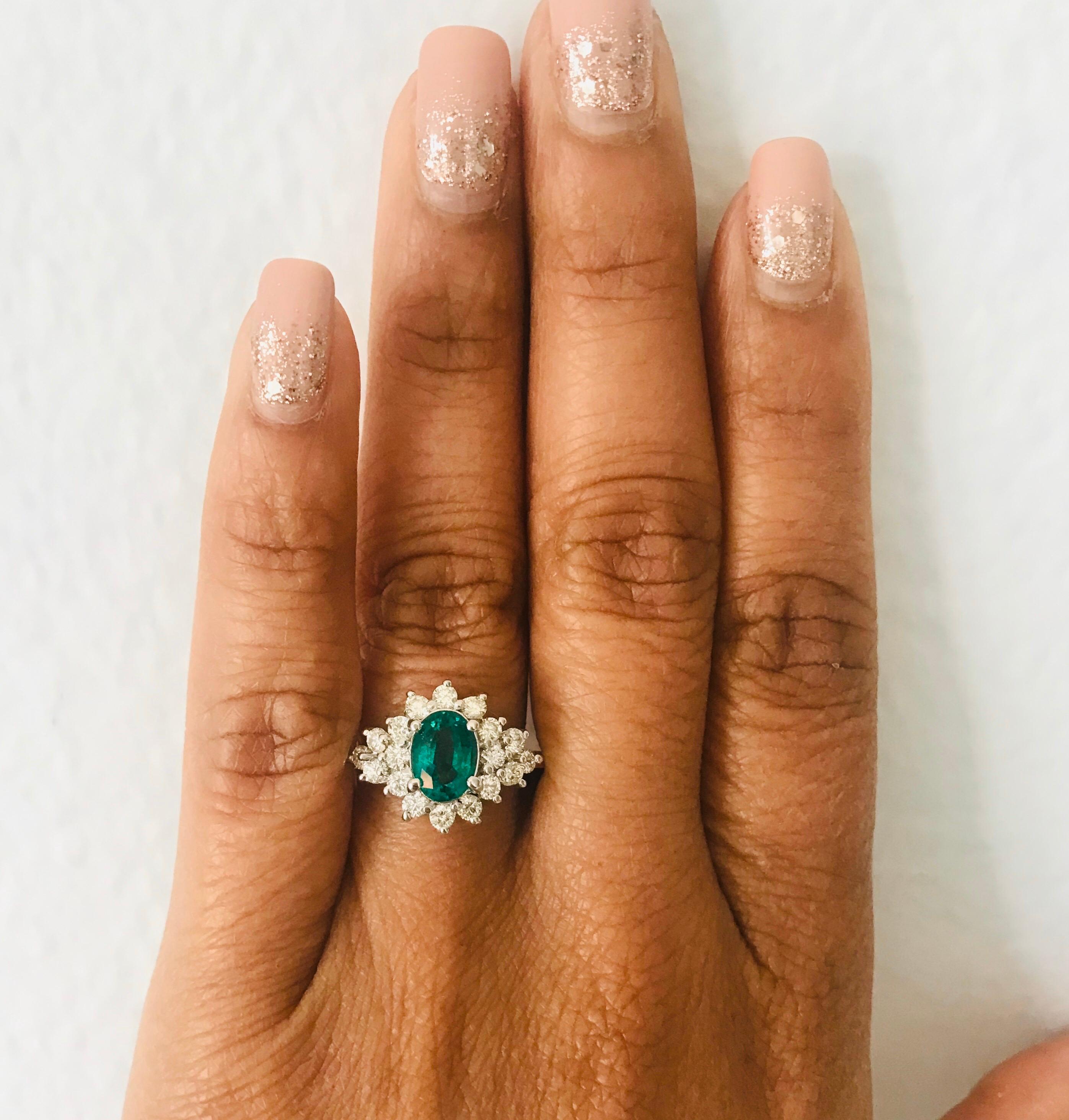Women's GIA Certified 1.81 Carat Emerald Diamond 14 Karat White Gold Cluster Ring For Sale
