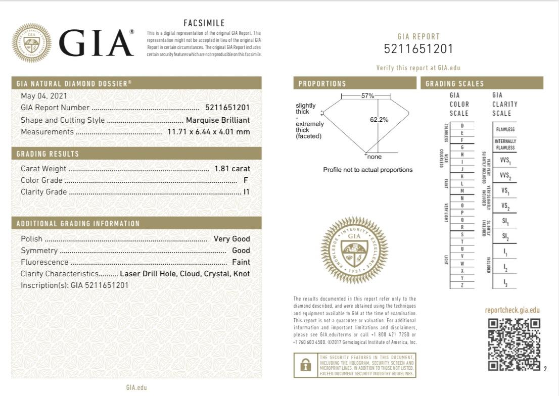 GIA-zertifiziert 1,81 Karat Marquise- Brillant F Farbe I1 Reinheit natürlicher Diamant im Zustand „Neu“ im Angebot in New York, NY
