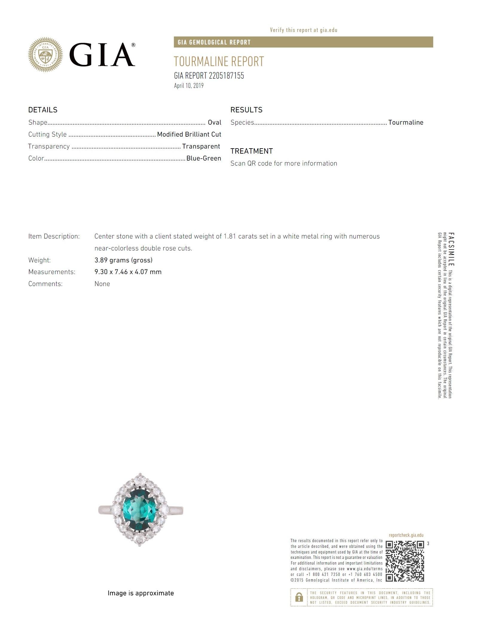 GIA-zertifizierter 1,81 Karat Ovalschliff Blau-grüner Turmalin und Diamantring Ref1310 im Zustand „Neu“ im Angebot in New York, NY