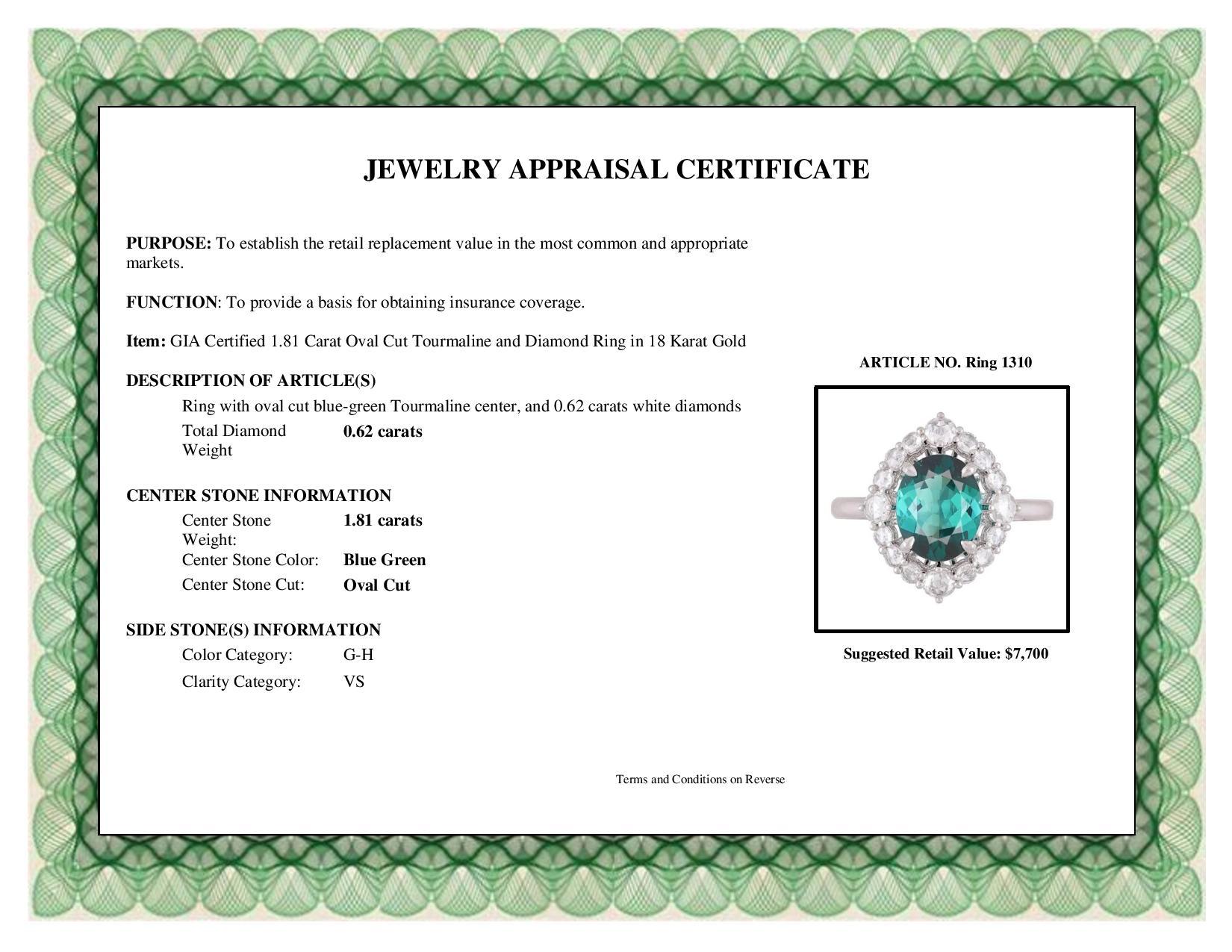 DiamondTown GIA Certified 1.81 Carat Oval Cut Tourmaline and Diamond Ring For Sale 2