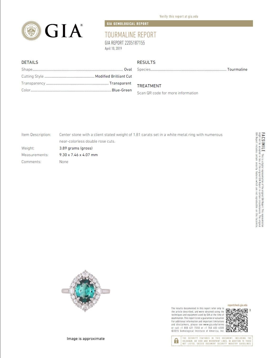 Women's DiamondTown GIA Certified 1.81 Carat Oval Cut Tourmaline and Diamond Ring For Sale