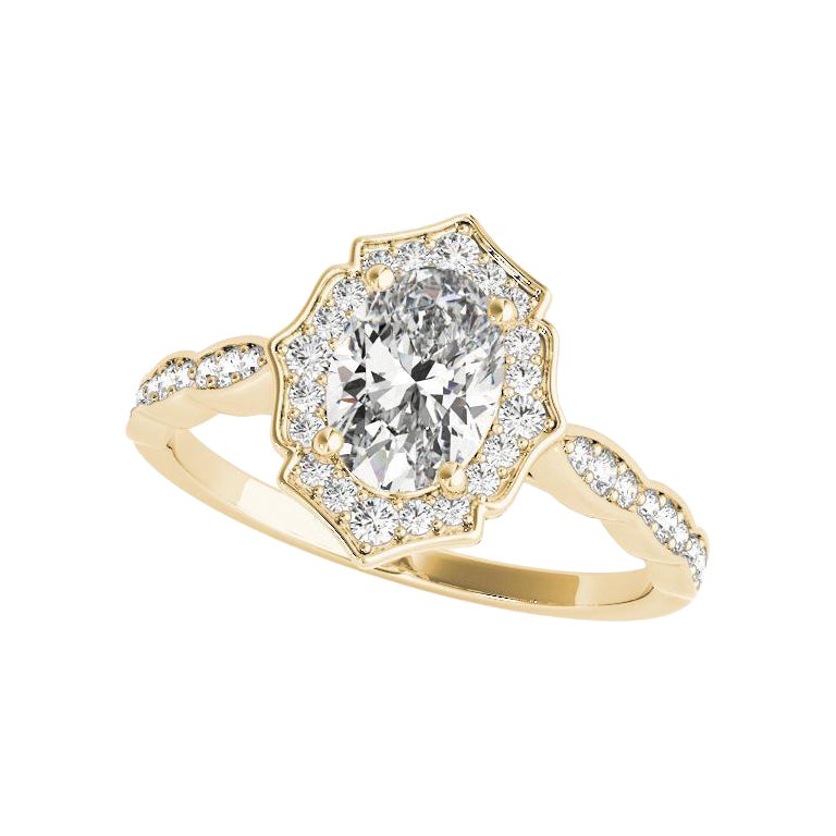 Anillo de diamantes de oro amarillo de la catedral con halo ovalado de 1.81 quilates certificado por el GIA