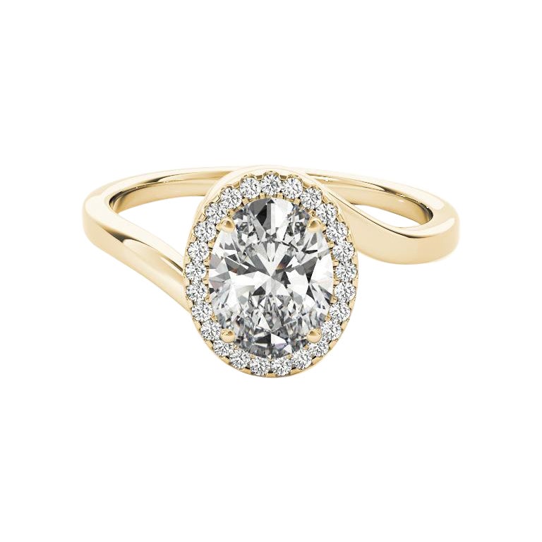 GIA Certified 1,81 Carat Oval Halo Curved Bypass Anello con diamanti in oro giallo 18K