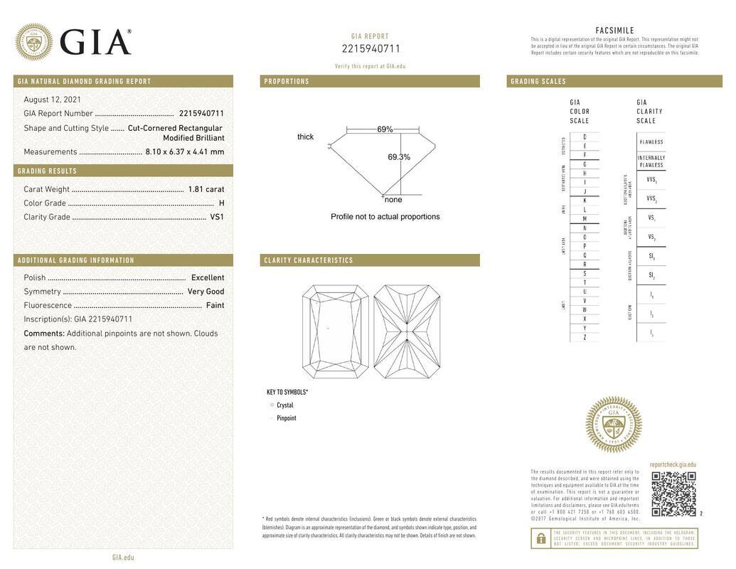 Contemporain Bague en or blanc 18 carats certifiée GIA 1,81 carat Radiant Halo Milgrain Diamond Ring en vente