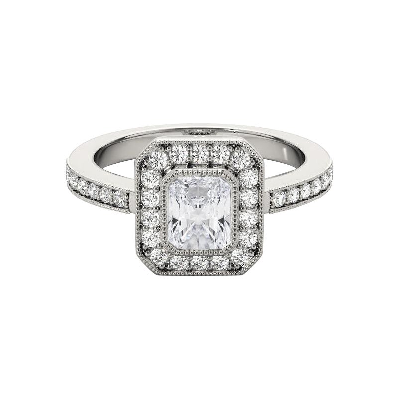 GIA Certified 1,81 Carat Radiant Halo Milgrain Anello con diamanti in oro bianco 18K