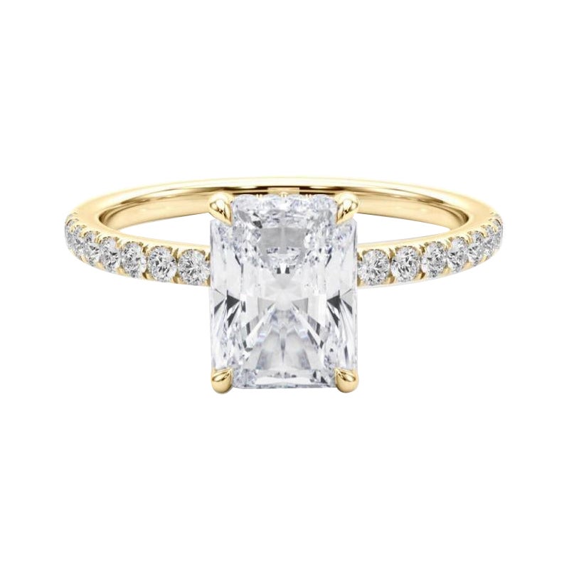 Bague en or jaune 18K certifiée GIA 1,81 carat Radiant Halo caché Pavé de diamants
