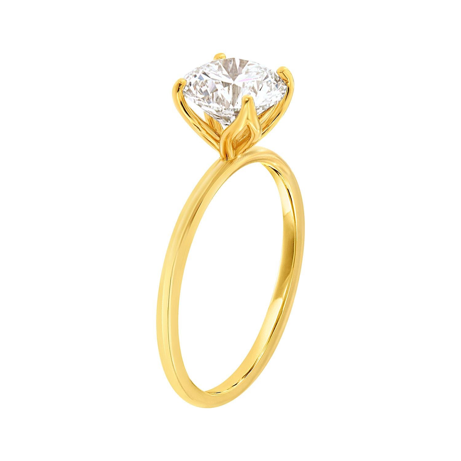 This unique 18K Yellow Gold  solitaire setting features a 1.81 Carat Round Shape Natural Diamond GIA Certificate number 2215506263 set in a Tulip-designed crown on top of a 1.8 mm band. The diamond is J in color and face up white. The diamond