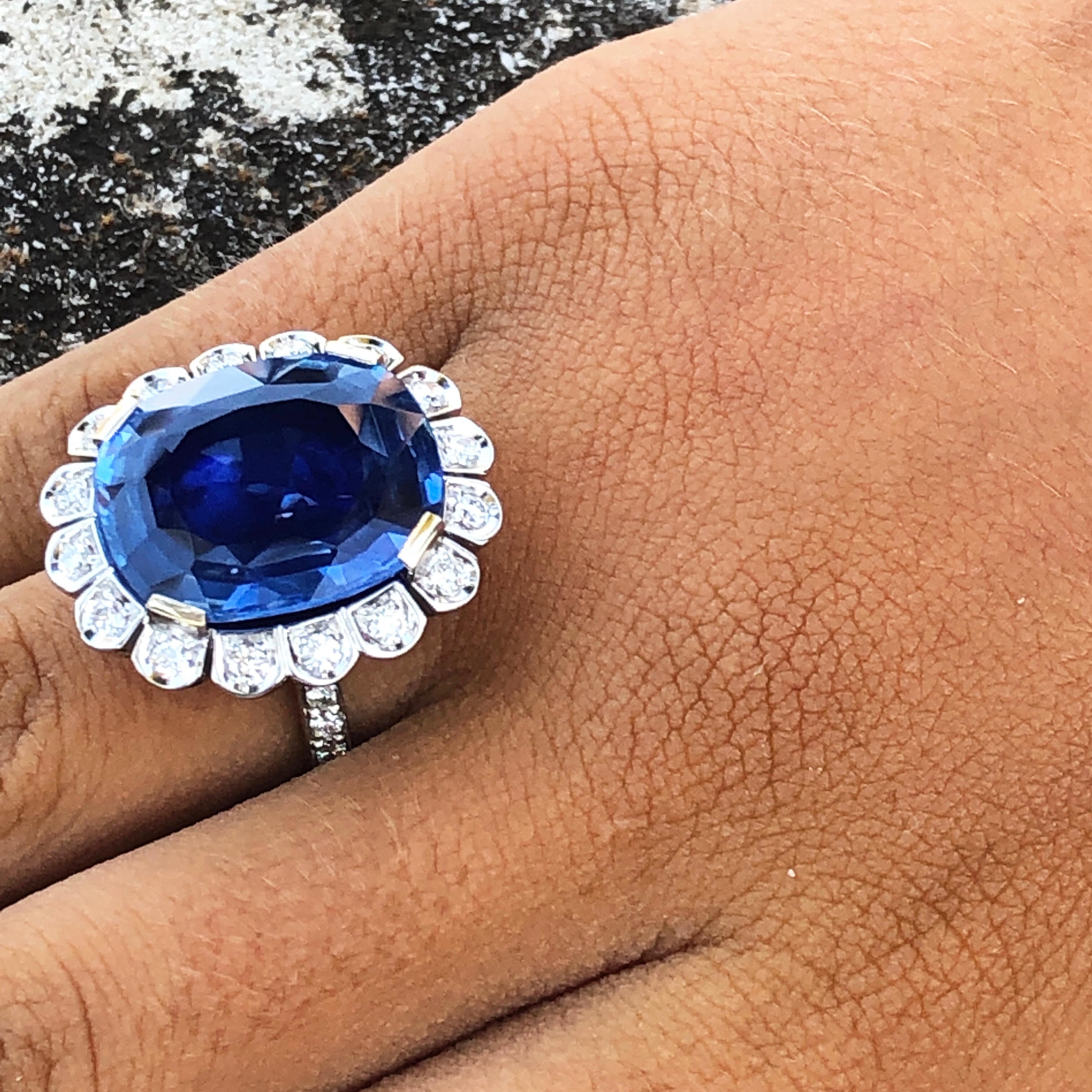 GIA Certified 18.16 Carat Cushion Cut Ceylon Sapphire Diamond Halo Ring 11