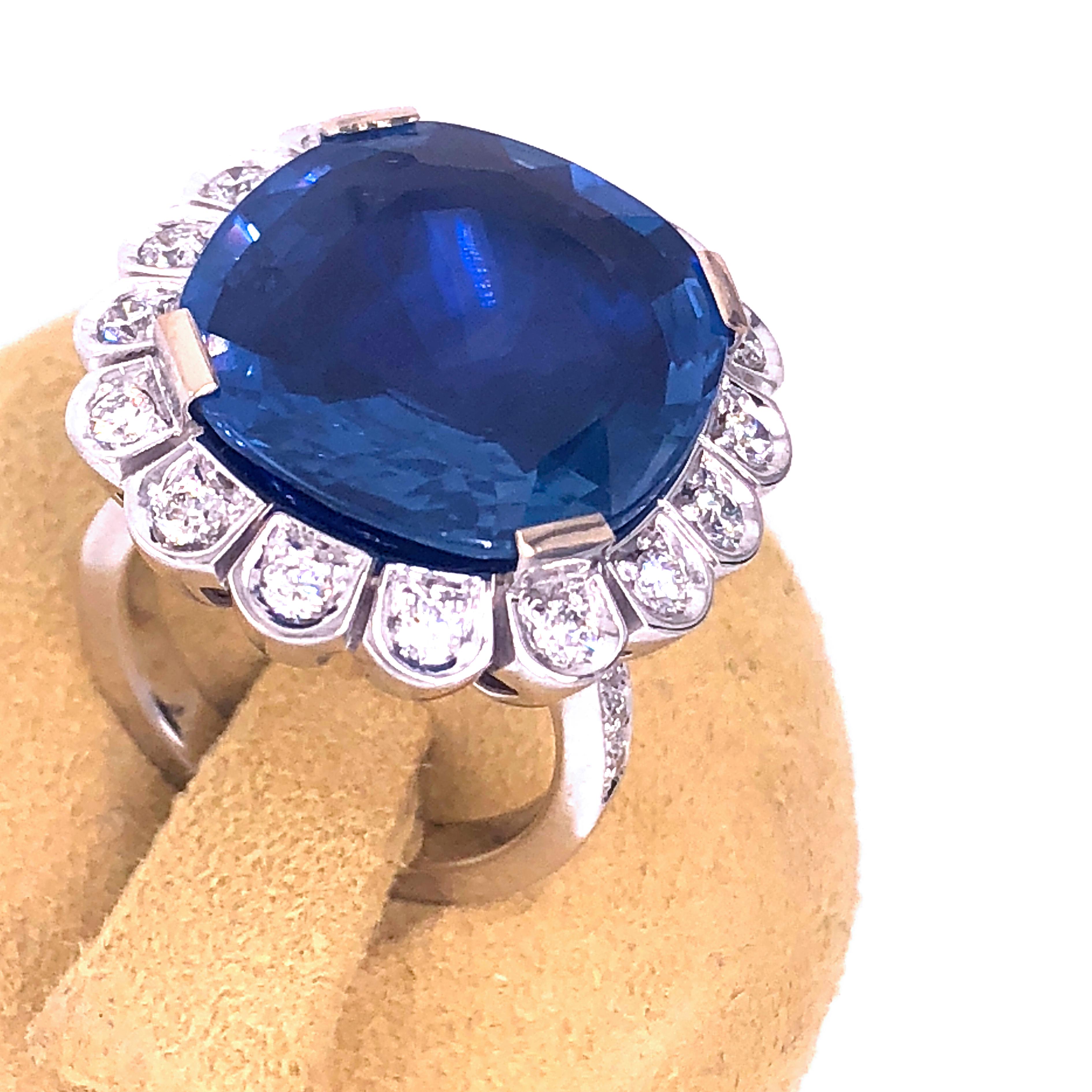 GIA Certified 18.16 Carat No Heat Cushion Cut Ceylon Sapphire Diamond Halo Ring In Excellent Condition In Valenza, IT
