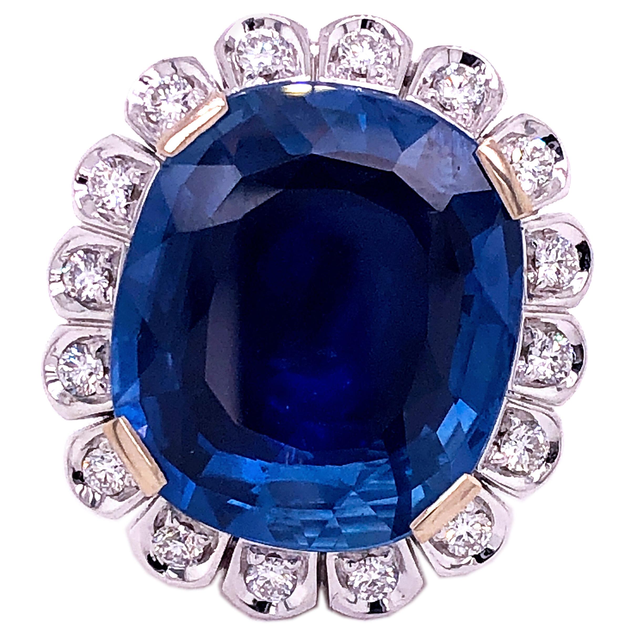 GIA Certified 18.16 Carat No Heat Cushion Cut Ceylon Sapphire Diamond Halo Ring