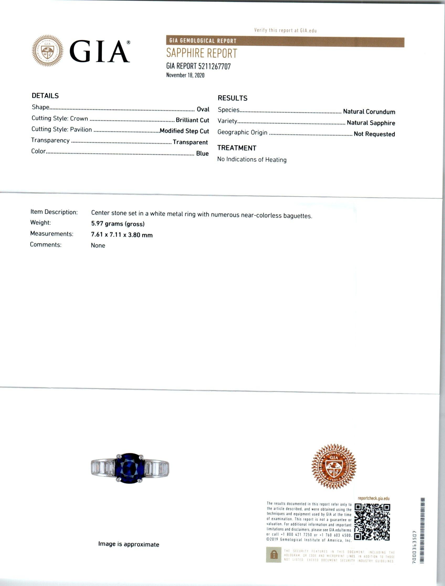 Platin-Verlobungsring mit GIA-zertifiziertem 1,82 Karat blauem Saphir und Diamant im Angebot 3