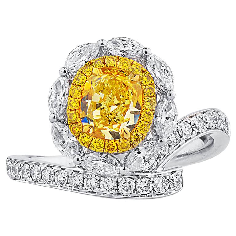 GIA Certified 1.82 Carat Fancy Intense Yellow Diamond 18 Karat White Gold Ring For Sale