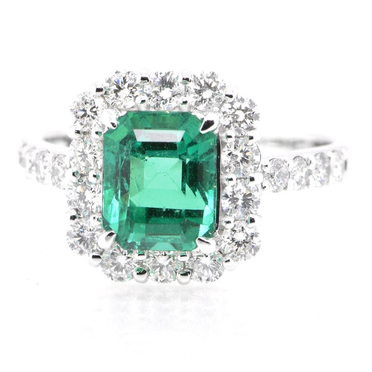 A stunning ring featuring a GIA Certified 1.82 Carat Natural Colombian Emerald and 0.86 Carats of Diamond Accents set in Platinum. People have admired emerald’s green for thousands of years. Emeralds have always been associated with the lushest