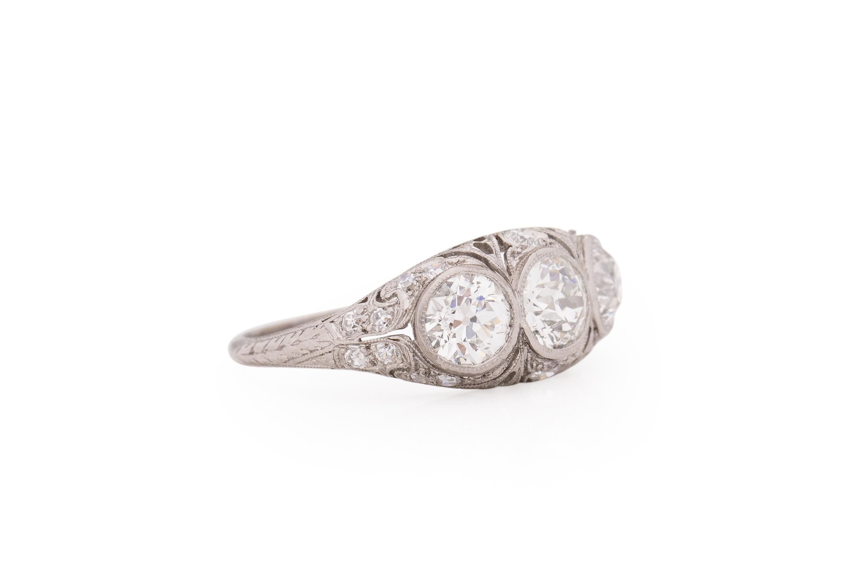 Ring Size: 5.75
Metal Type: Platinum [Hallmarked, and Tested]
Weight: 3.0 grams

Total Diamond Weight: 1.83 Carat, total weight

Center Diamond Details:
GIA REPORT #: 2211459447
Weight: .58 Carat
Cut: Old European brilliant
Color: I
Clarity: