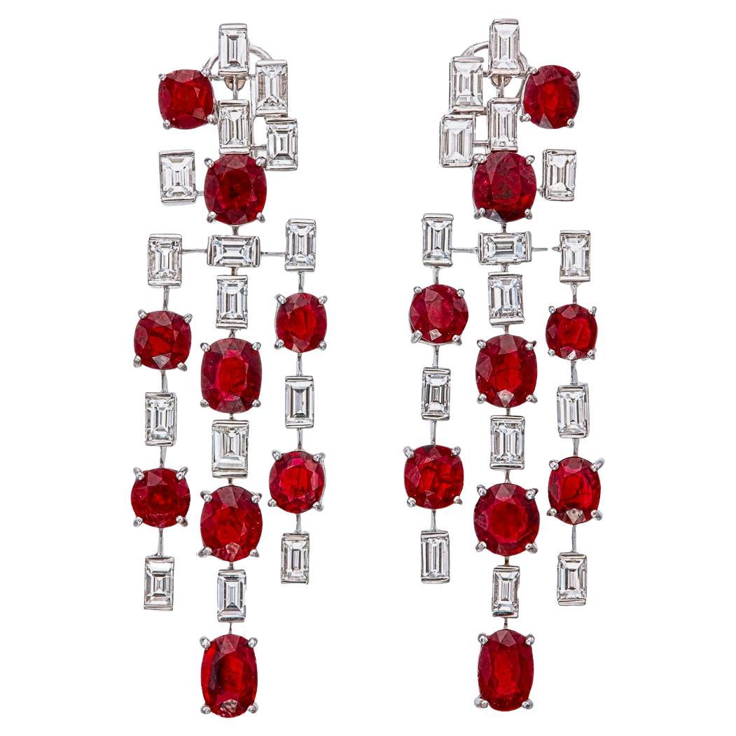 GIA Certified 18.36 Carat Burma Pigeon Blood No Heat Ruby Diamond Earrings