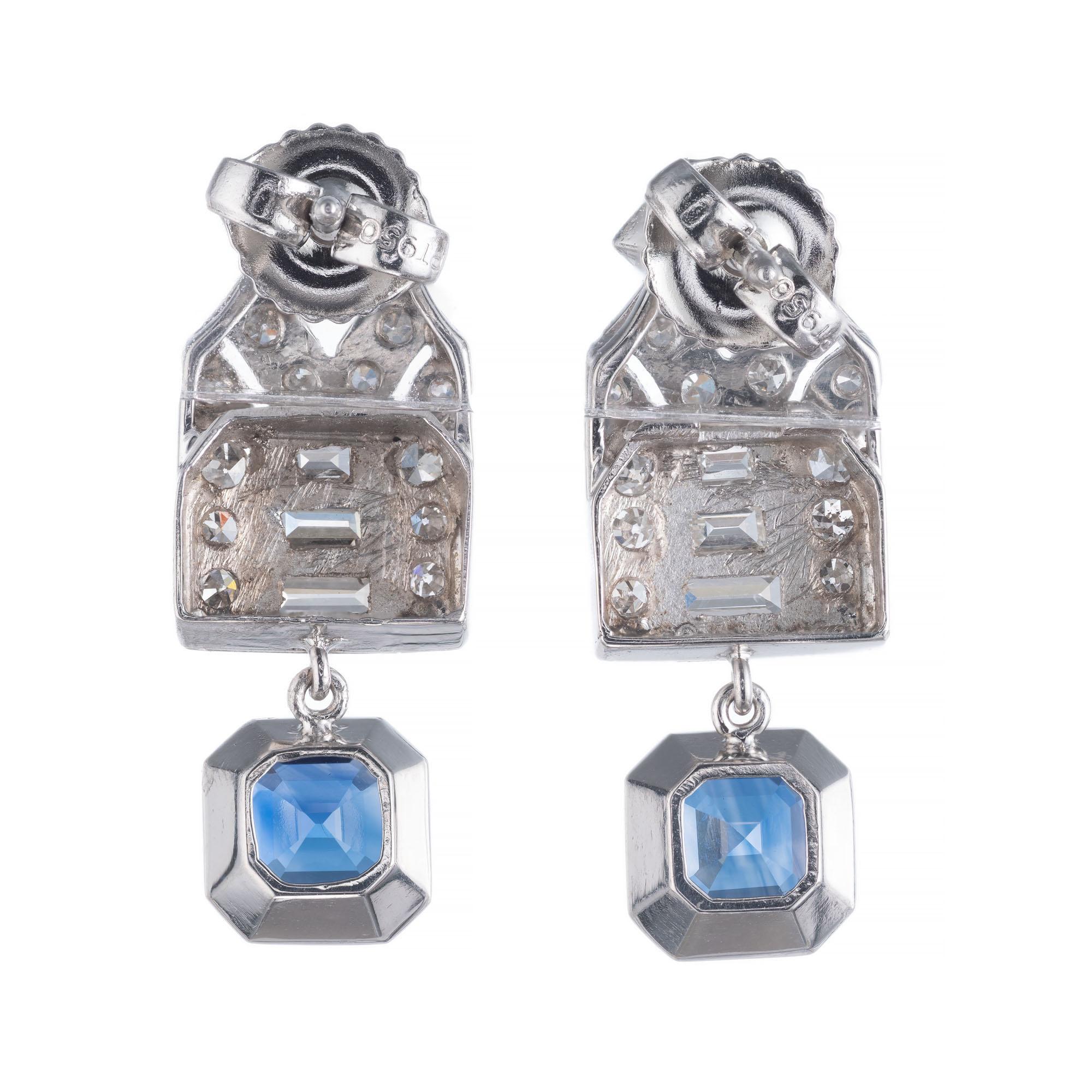 Octagon Cut GIA Certified 1.84 Carat Sapphire Diamond Platinum Art Deco Dangle Earrings For Sale