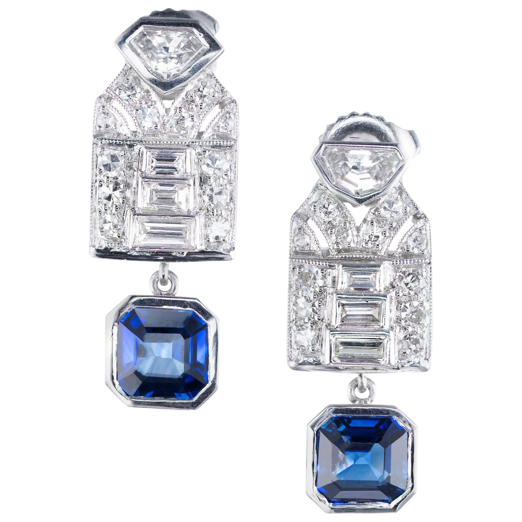 GIA Certified 1.84 Carat Sapphire Diamond Platinum Art Deco Dangle Earrings For Sale