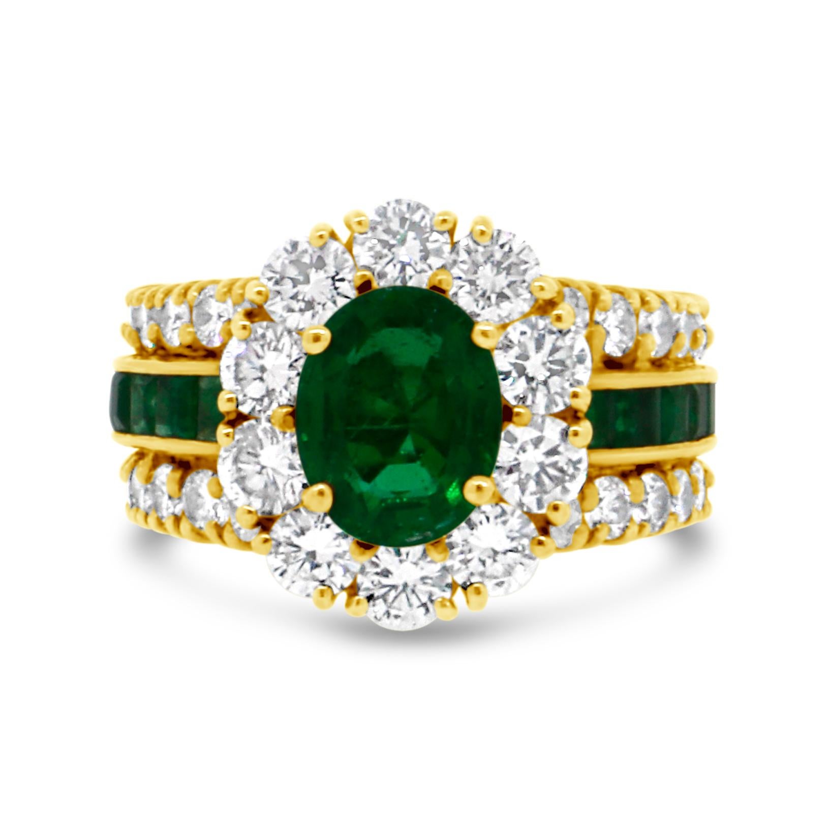 GIA Report No. 2235292129
Origin: Zambia
Oval Cut 
Center Stone: Emerald
Surrounds: Round Brilliant Cut Diamond
Ring Size: 5.75
18k Yellow Gold
Total Weight: 10.23 grams