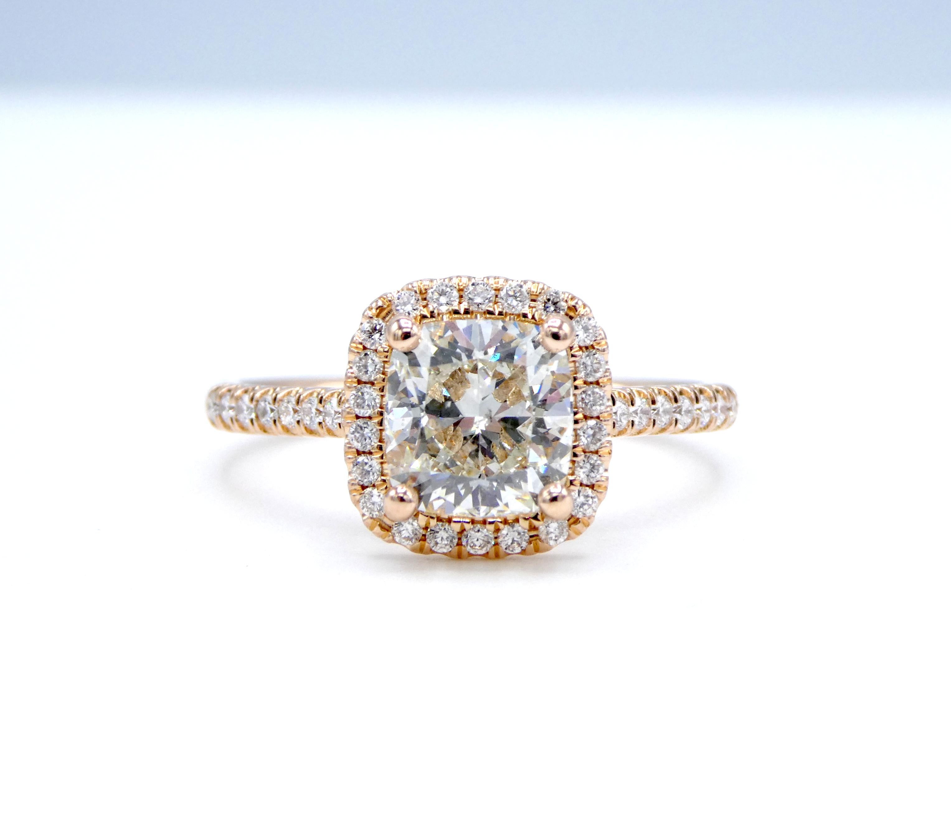 GIA Certified 1.85 Carat Cushion Cut Diamond 14k Rose Gold Halo Engagement Ring

GIA report number 2264731579
Diamond: 1.85 Carat Cushion Cut Diamond K SI2
Accent diamonds: 38 round brilliant cut approx. 0.15 carats G VS
Metal: 14k Rose Gold
Weight: