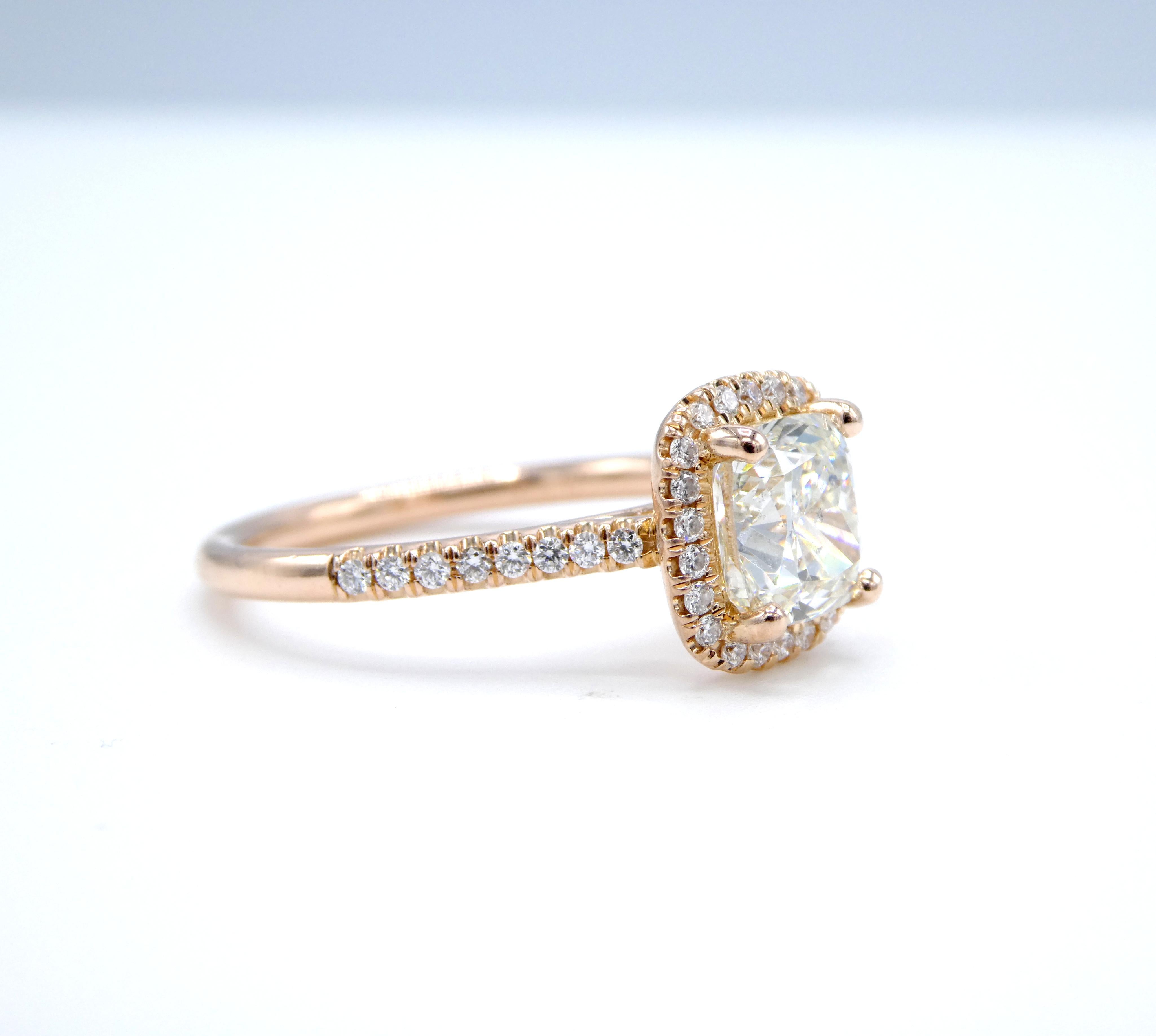 GIA Certified 1.85 Carat Cushion Cut Diamond 14k Rose Gold Halo Engagement Ring In Excellent Condition In  Baltimore, MD