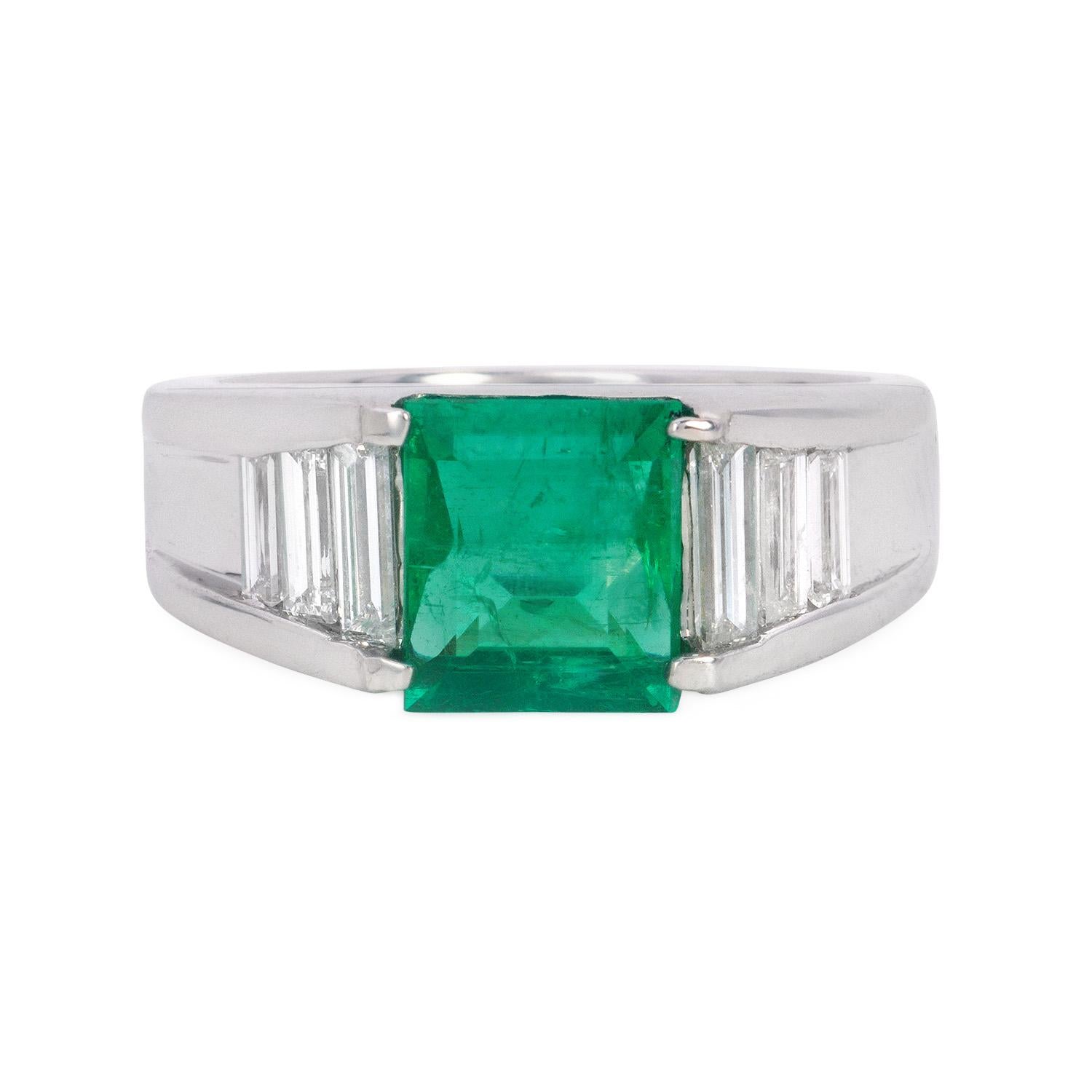 Art Nouveau GIA Certified 1.85 Carat Natural Columbian Emerald Platinum Ring For Sale