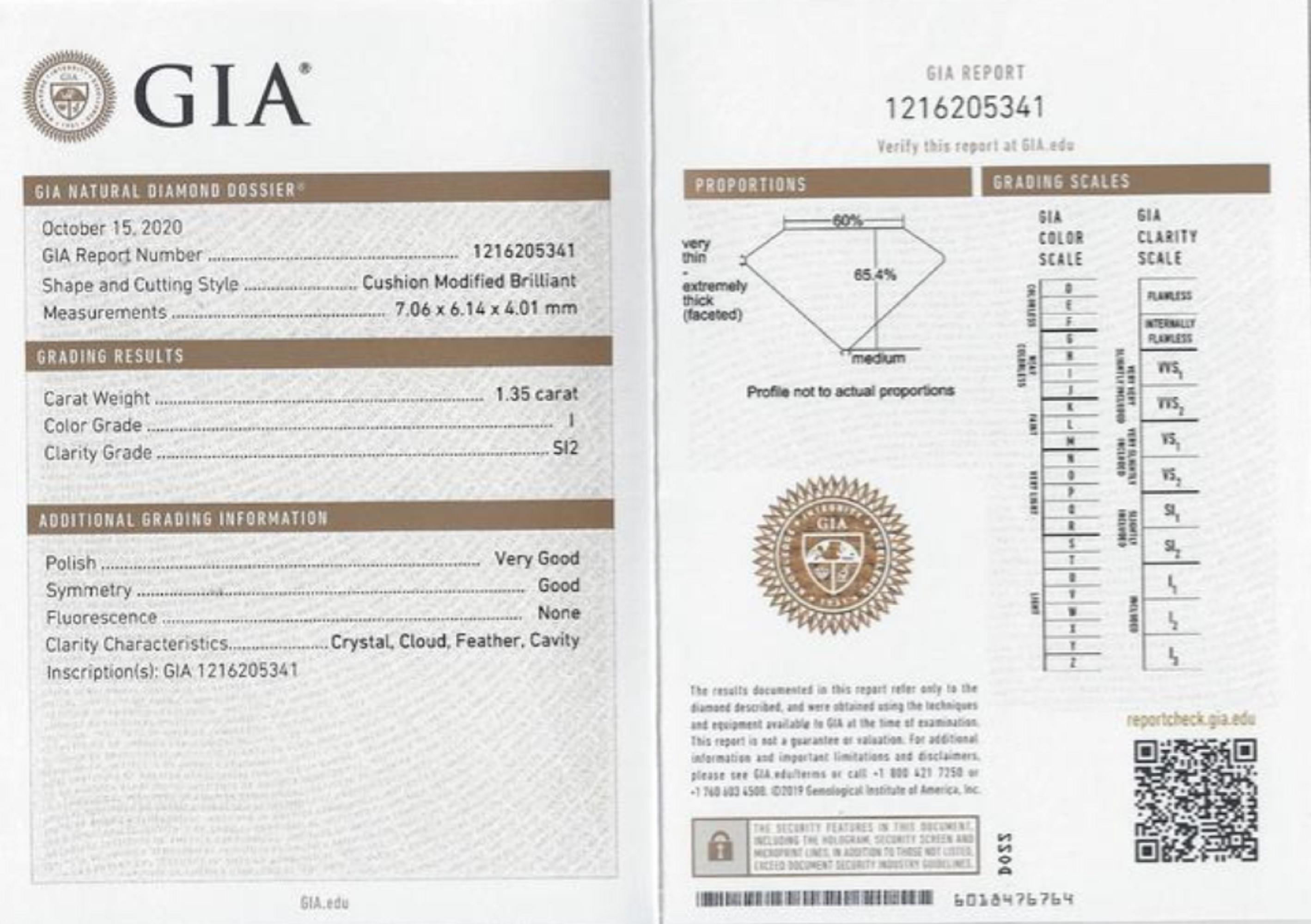 Antique Cushion Cut GIA Certified 1.35 Carat Old MineBrilliant Cut Diamond Platinum Ring 