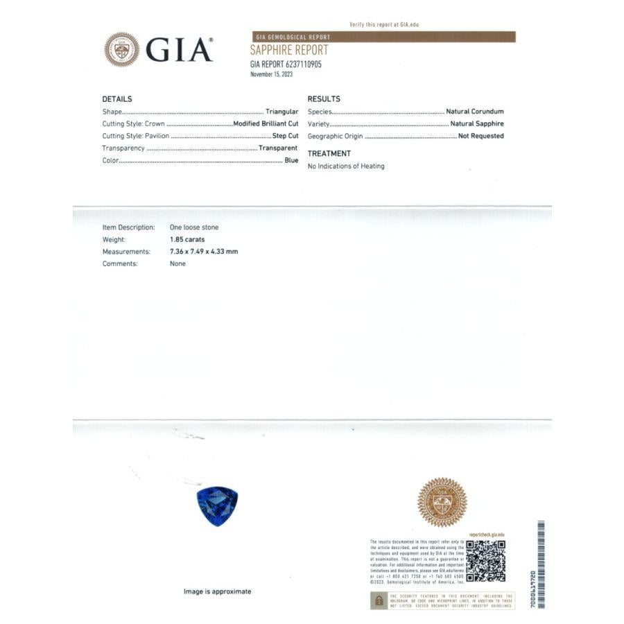 This Natural Unheated Blue Sapphire, weighing 1.85 carats, is accompanied by a GIA Report for authenticity. The triangular-shaped gem, with measurements of 7.36 x 7.49 x 4.33 mm, features a Modified Brilliant/Step cut that enhances its allure. Its