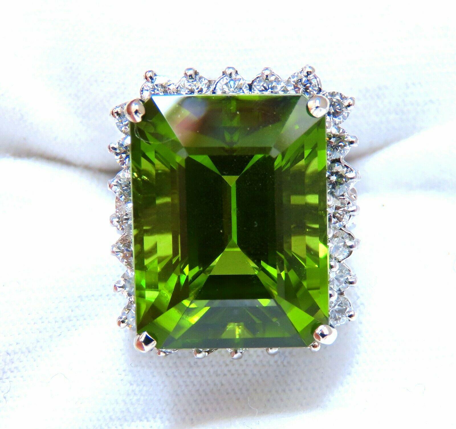 Emerald Cut GIA Certified 18.53ct Natural Green Peridot Diamonds Rings 14kt For Sale
