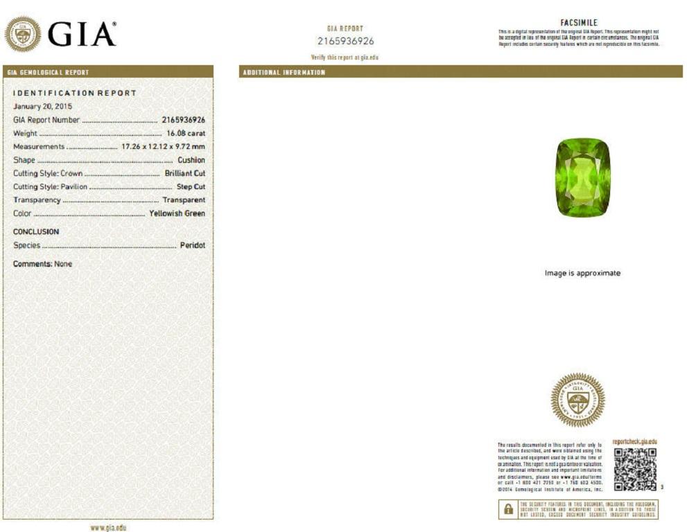 GIA Certificado 18,58 Quilates Anillo de Diamantes Peridoto Verde Natural 18 Quilates Corte cojín en venta