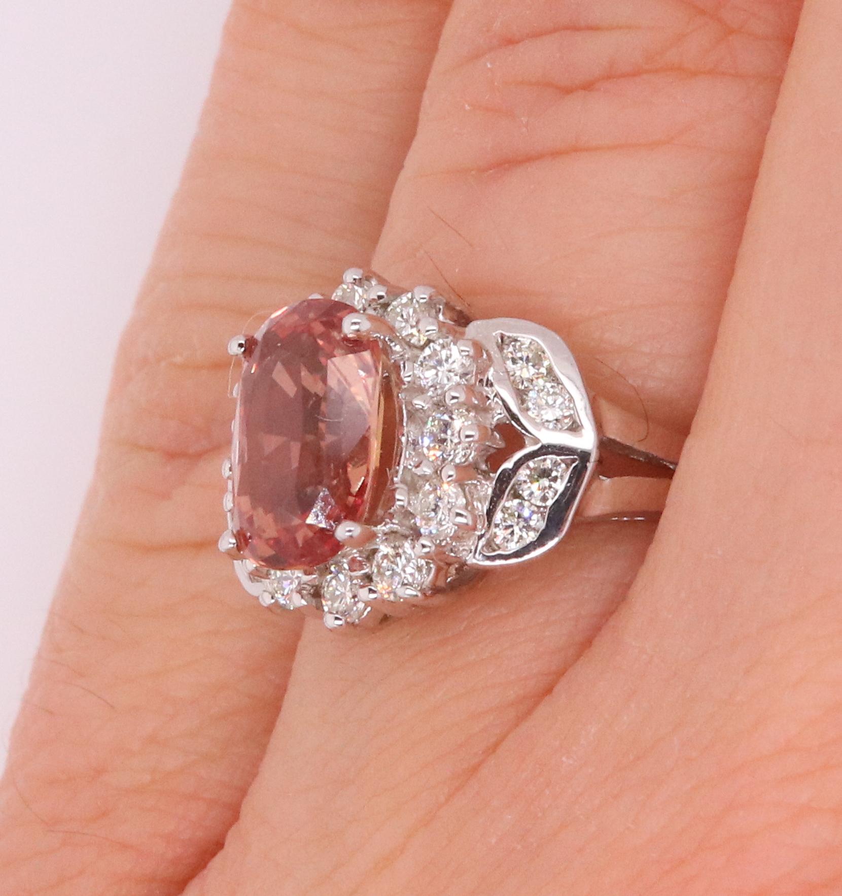 Cushion Cut GIA Certified 1.86 Carat Padparadscha Sapphire and Diamond Ring