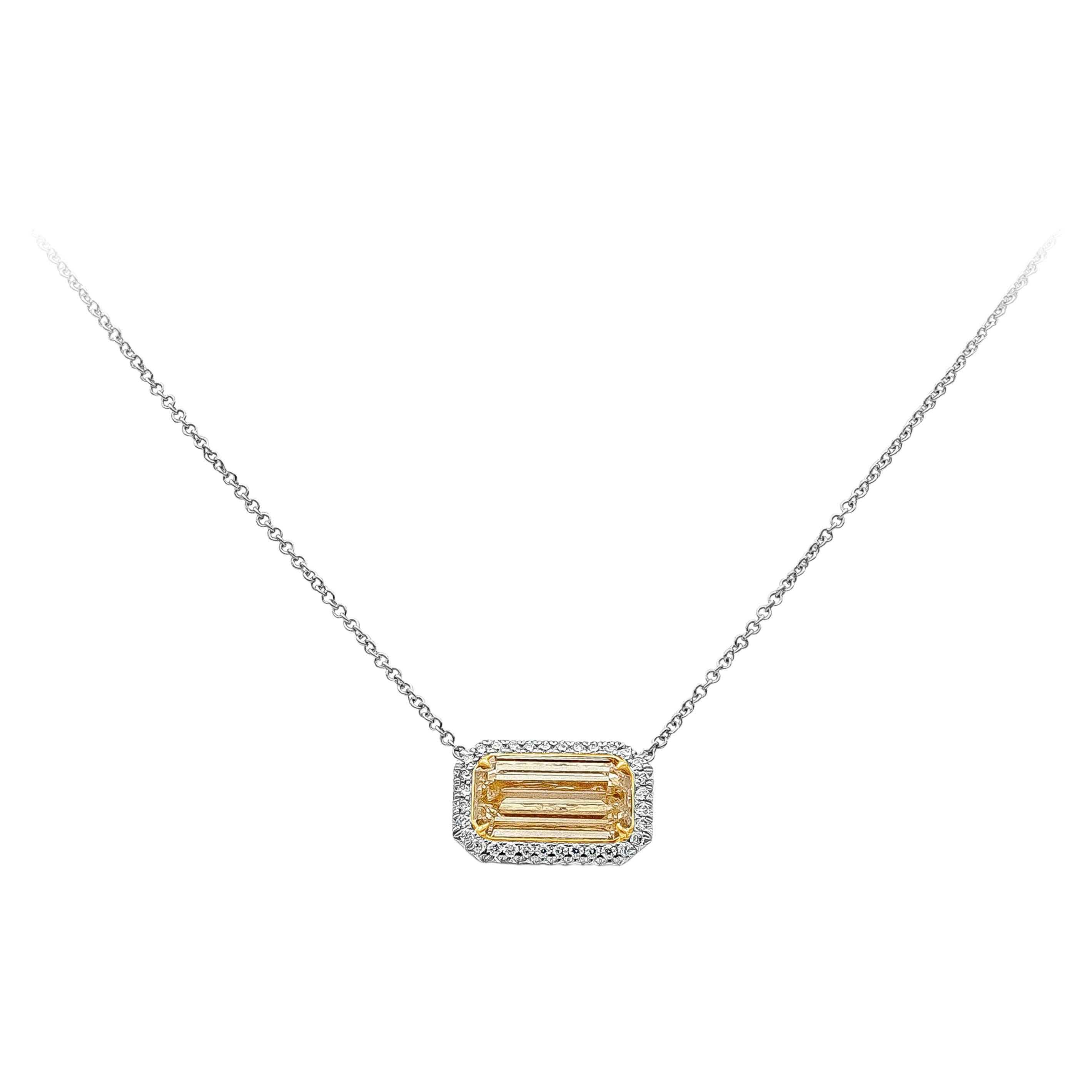 GIA Certified 1.86 Carats Emerald Cut Yellow Diamond Halo Pendant Necklace For Sale