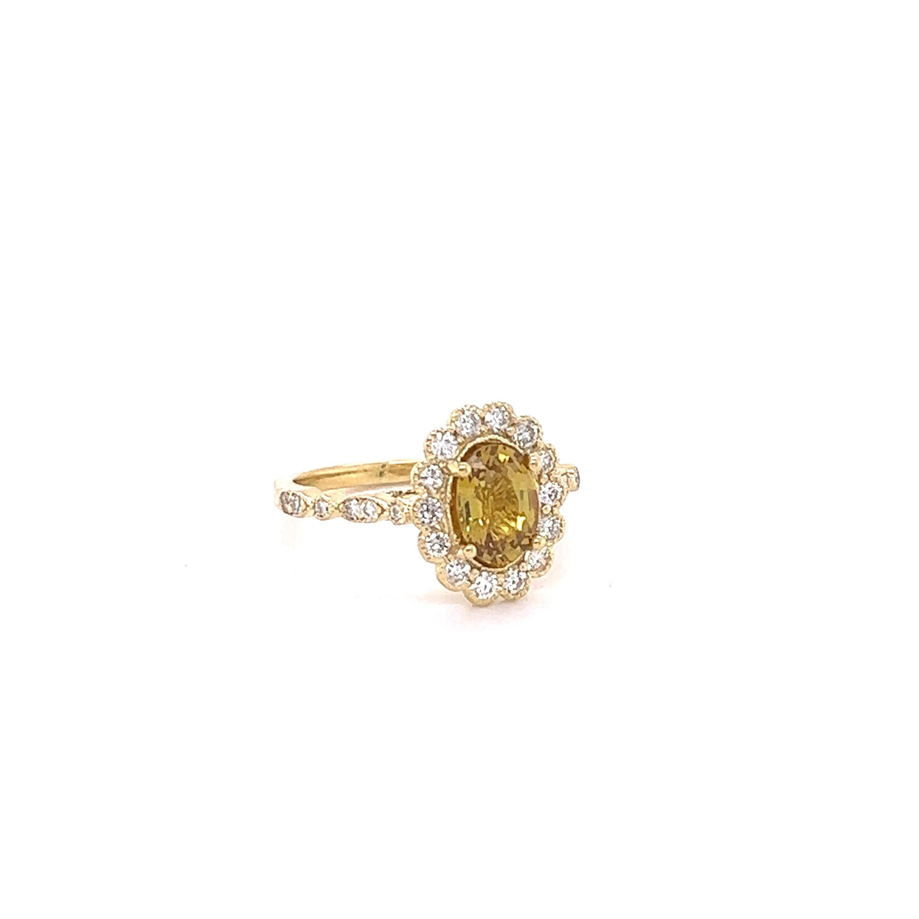 This beautiful ring has a Natural Oval Cut Yellow Sapphire with No Heat that weights 1.36 Carats. 

The ring is embellished with 26 Round Cut Diamonds that weigh 0.50 Carats with a clarity and color of VS/H. 
The total carat weight of the ring is