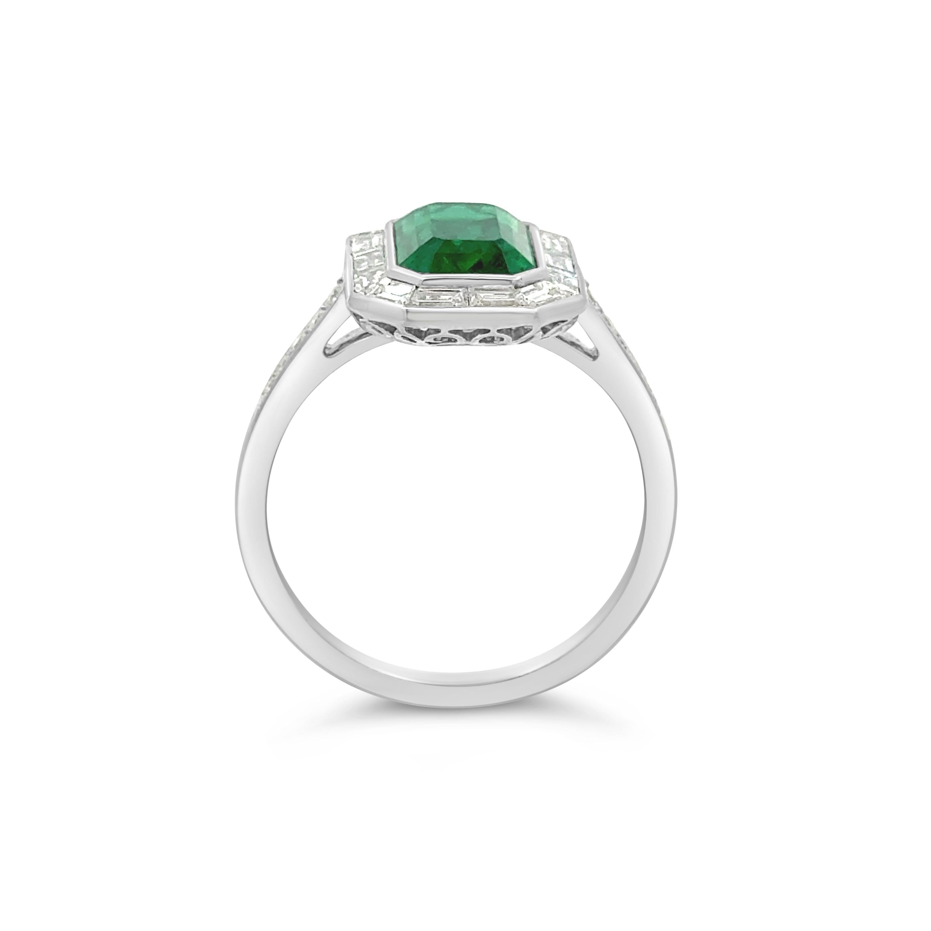 Contemporary GIA Certified 1.86 Carats Emerald Cut Emerald & Diamond Halo Engagement Ring For Sale