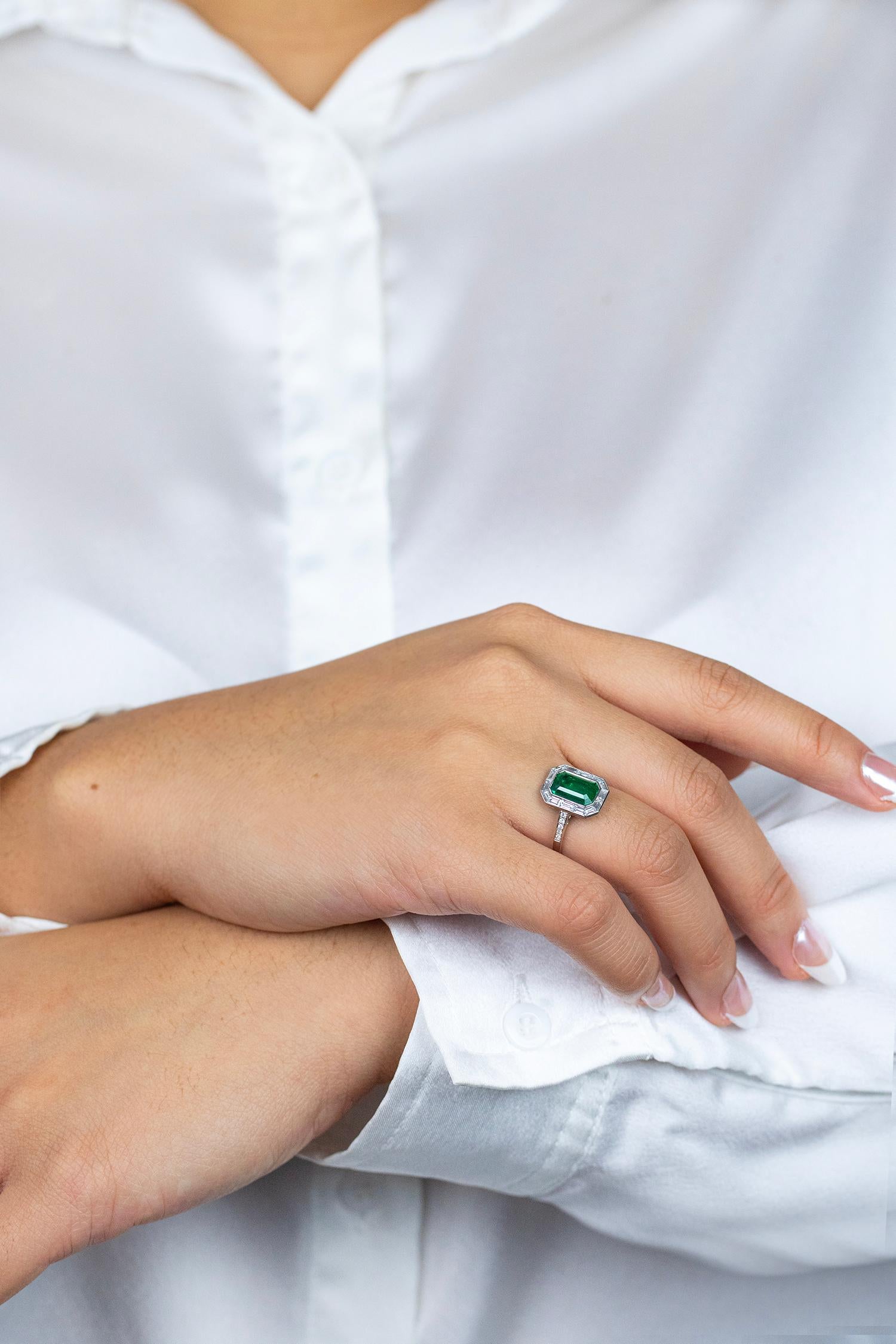 GIA Certified 1.86 Carats Emerald Cut Emerald & Diamond Halo Engagement Ring For Sale 1