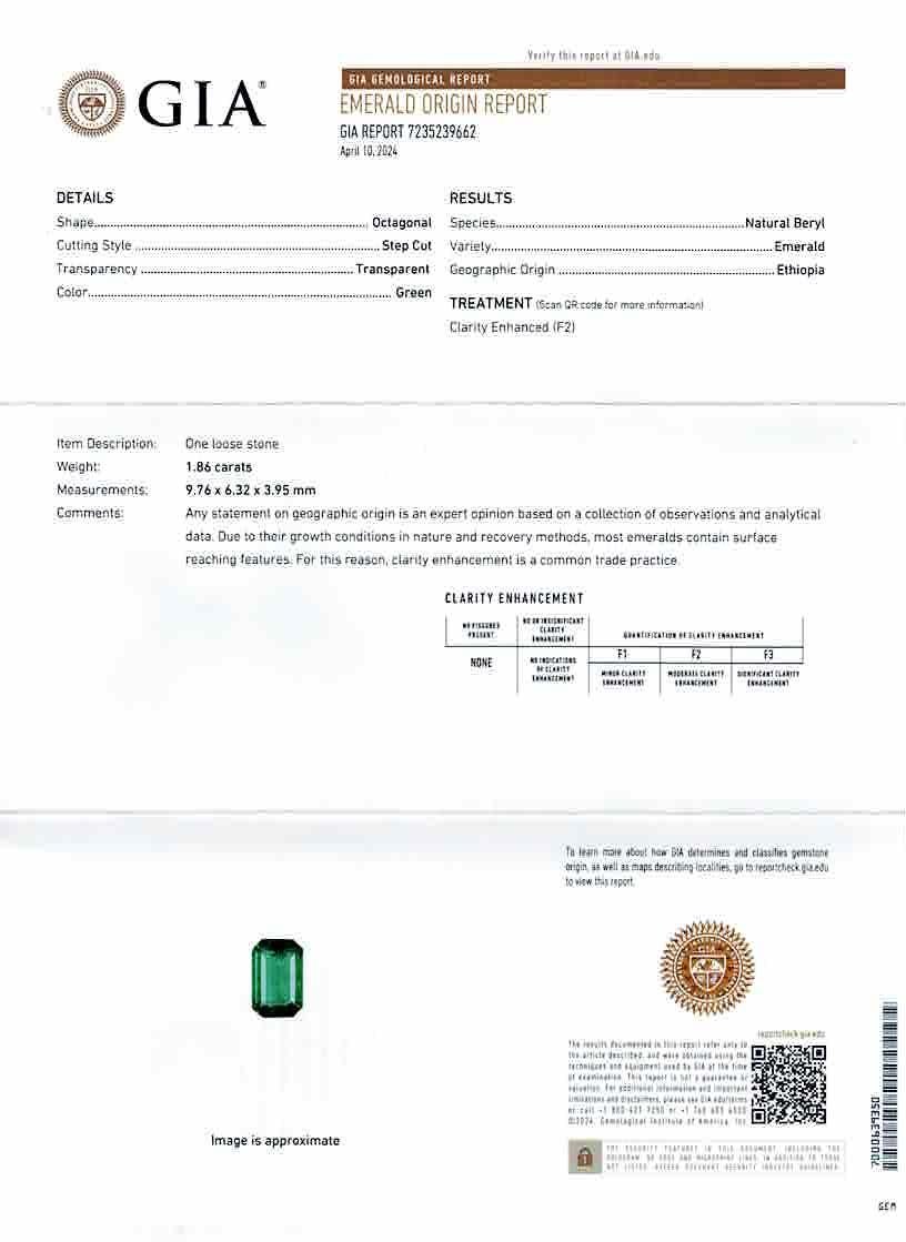 GIA Certified 1.86 Carats Emerald Cut Emerald & Diamond Halo Engagement Ring For Sale 2