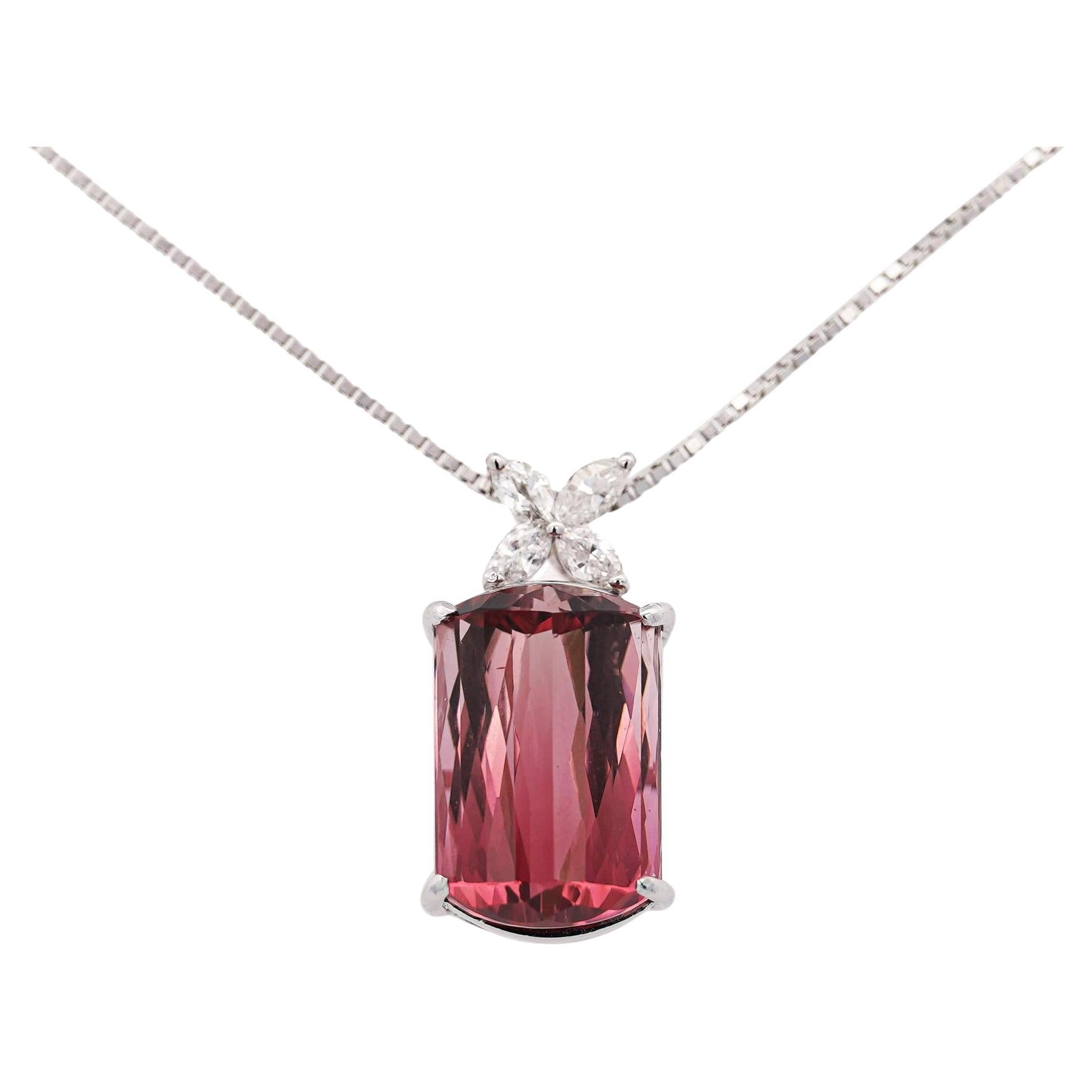 GIA Certified 18.61 Carat Pink Tourmaline & Floral Diamond Pendant Necklace