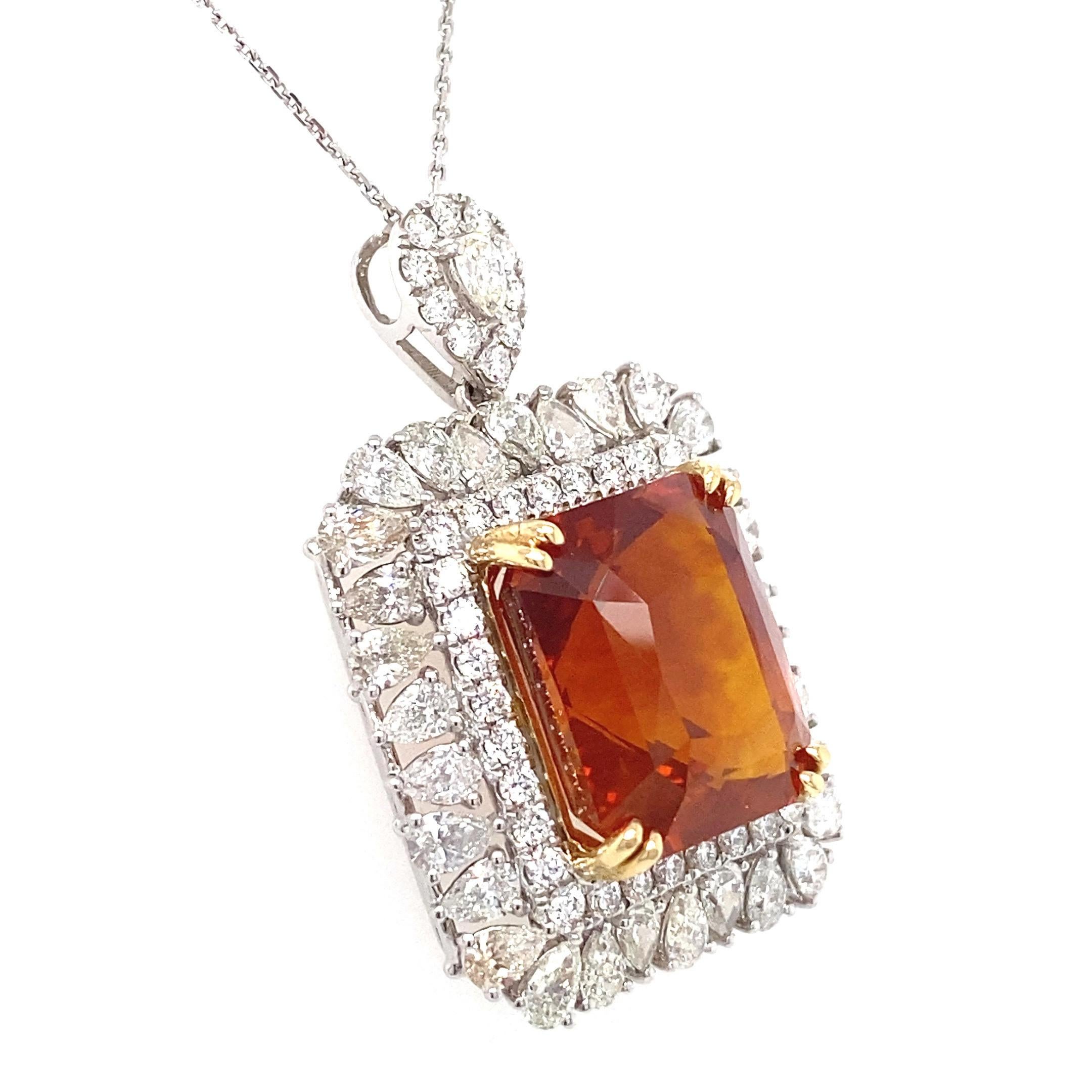 GIA Certified 18.62 Carat Emerald Cut Orange Sapphire Diamond Pendant Necklace For Sale 7